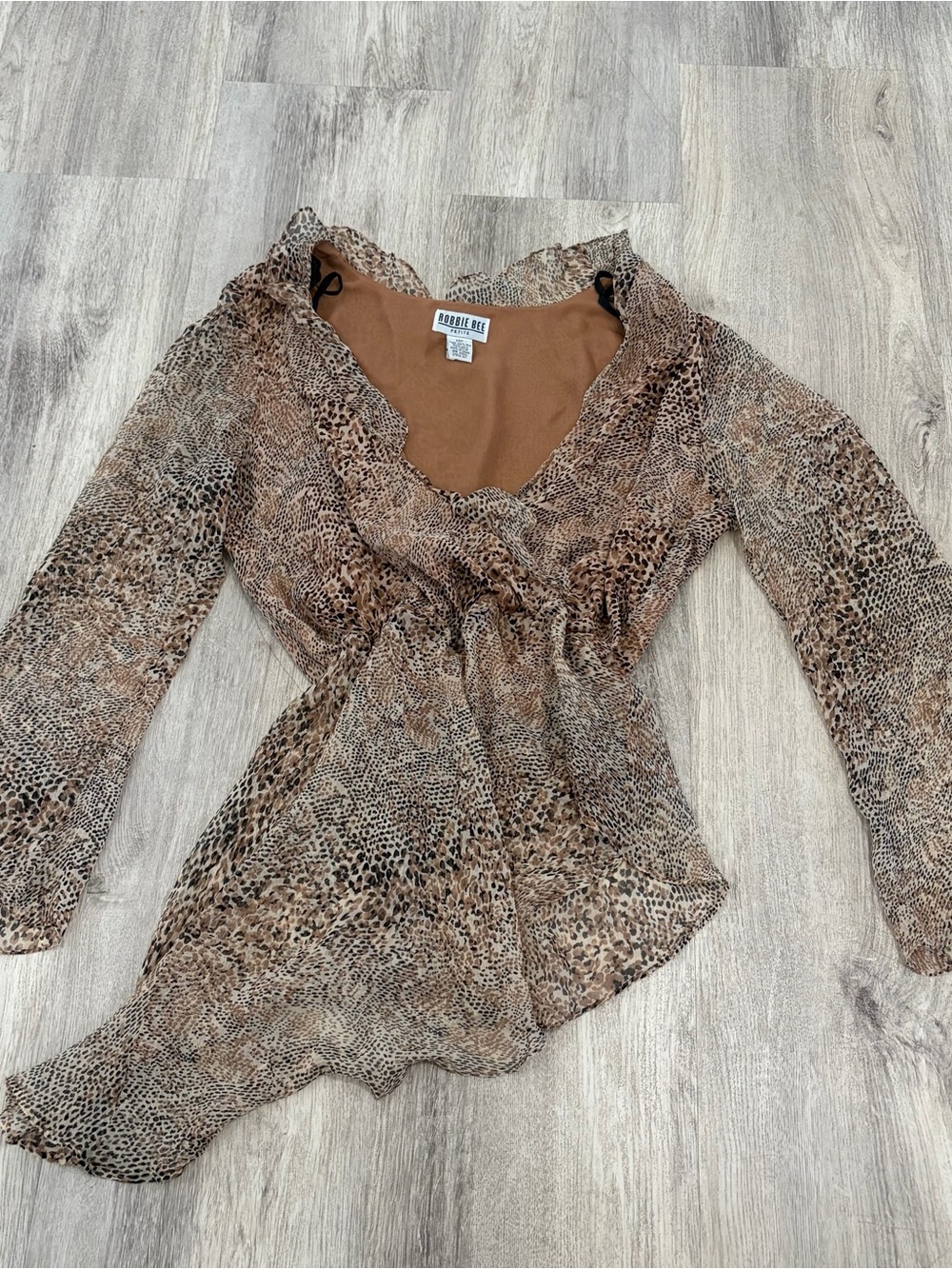 Vintage Robbie Bee Petite Silk sheer cheetah print Top Womens SP 4 Asymmetrical